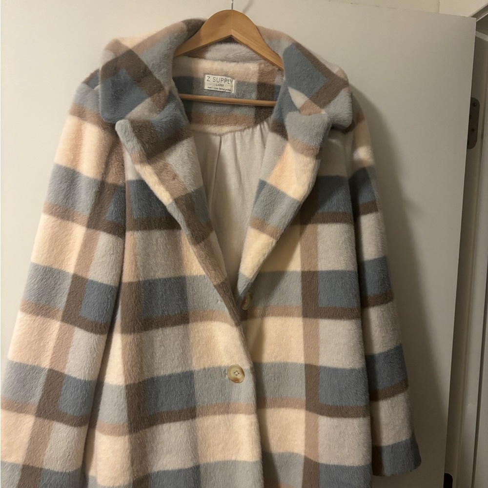 Z Supply Checkered Teddy Jacket in Blue and Cream